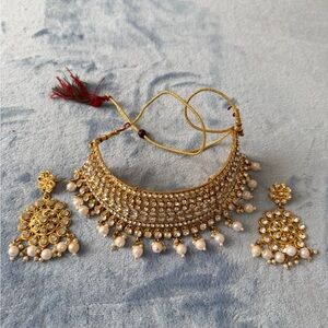 Ethnic Indian Wear Gold and Ivory Stone Choker with Pearl Drops and Earrings